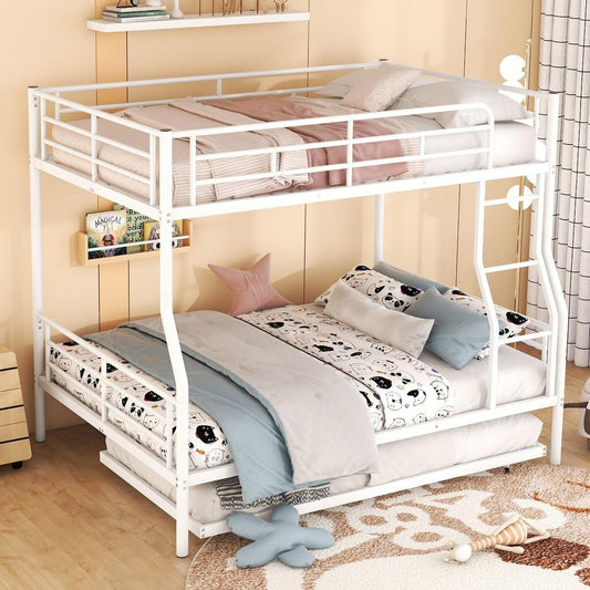 Full XL Over Queen Metal Bunk Bed with Trundle, White