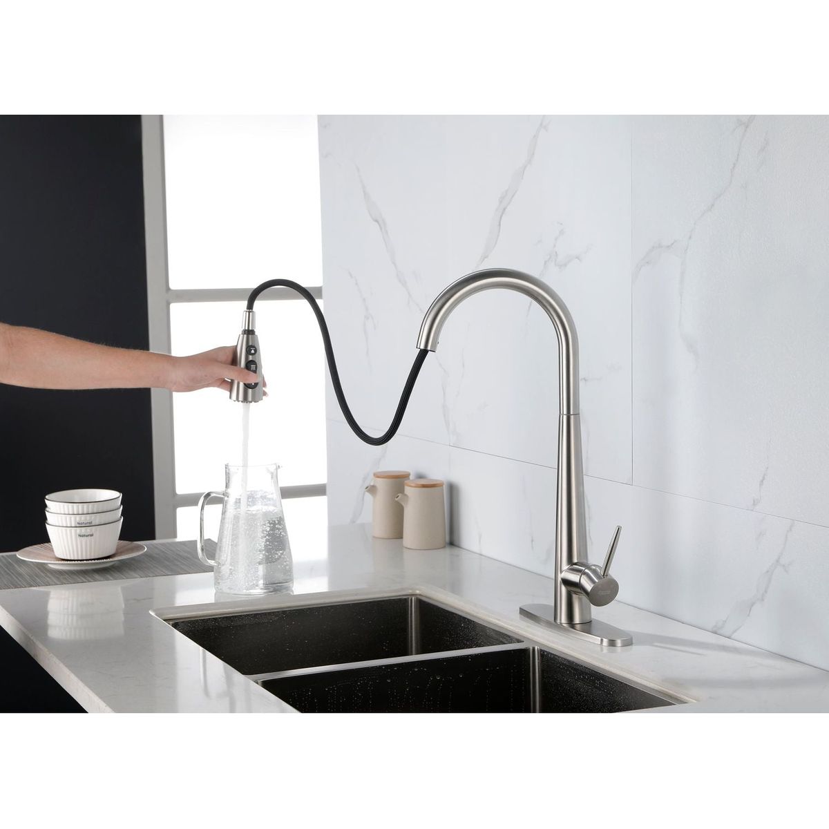 Kitchen Faucet with Pull Down Sprayer Brushed Nickel, High Arc Single Handle Kitchen Sink Faucet with Deck Plate, Commercial Modern Stainless Steel Kitchen Faucets