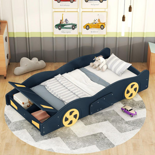 Twin Size Race Car-Shaped Platform Bed with Wheels and Storage, Dark Blue+Yellow - Streamdale Furniture