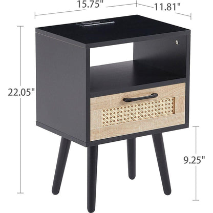 15.75" Rattan End table with Power Outlet & USB Ports, Modern nightstand with drawer and solid wood legs, side table for living roon, bedroom, black