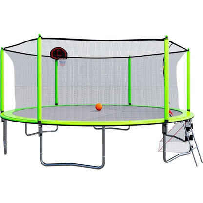 16FT Trampoline with Basketball Hoop pump and Ladder(Inner Safety Enclosure) with soccer goal Green