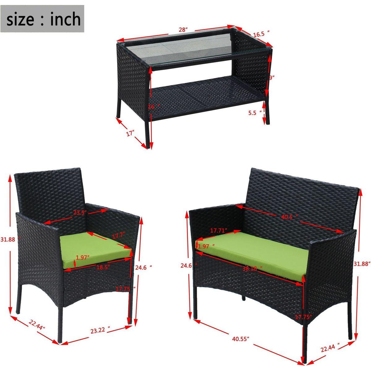 4 PC Rattan Patio Furniture Set Outdoor Patio Cushioned Seat Wicker Sofa (green Cushion)