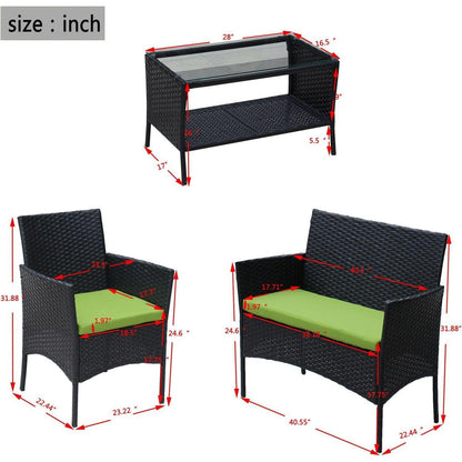 4 PC Rattan Patio Furniture Set Outdoor Patio Cushioned Seat Wicker Sofa (green Cushion)