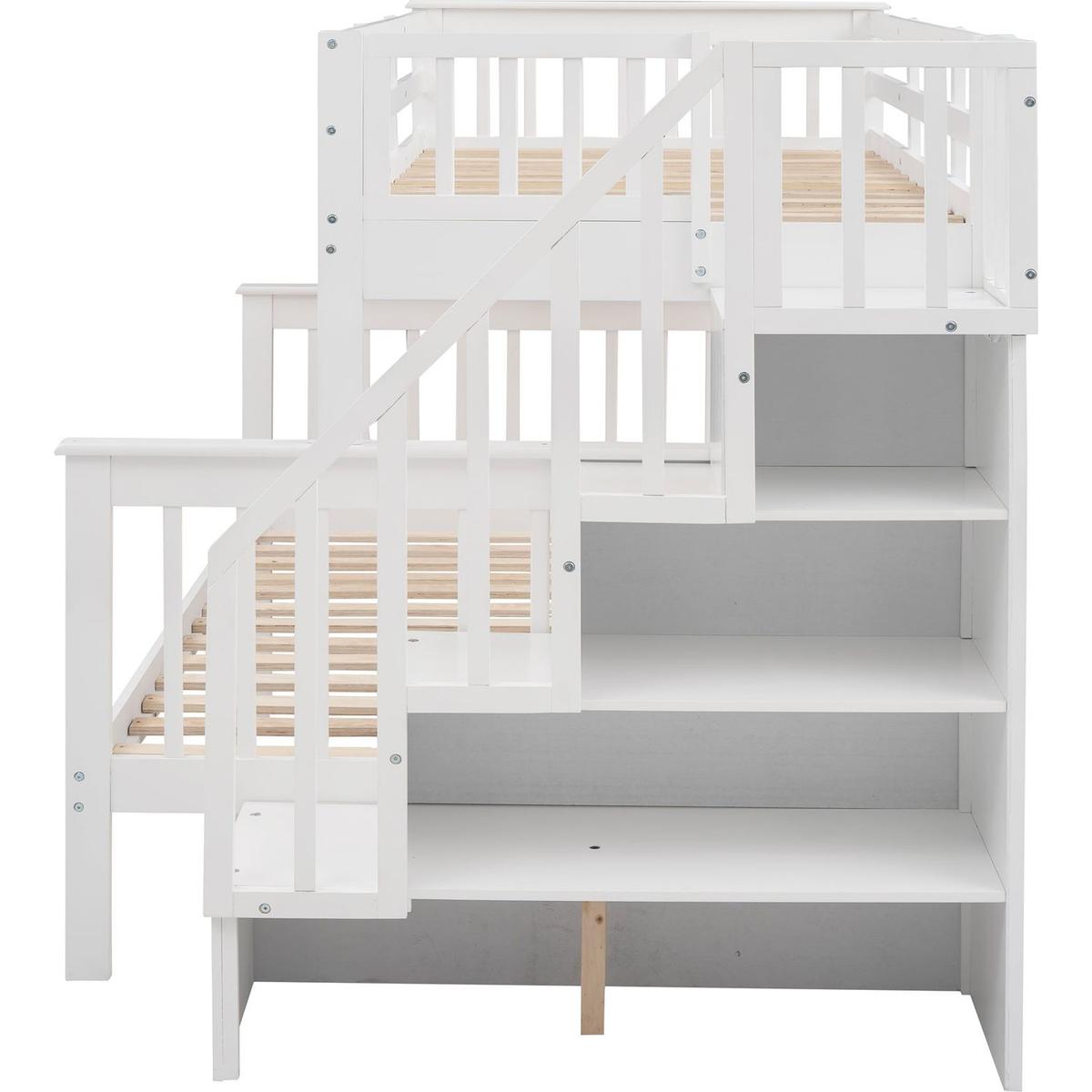 Stairway Twin-Over-Full Bunk Bed with Storage and Guard Rail for Bedroom, White color