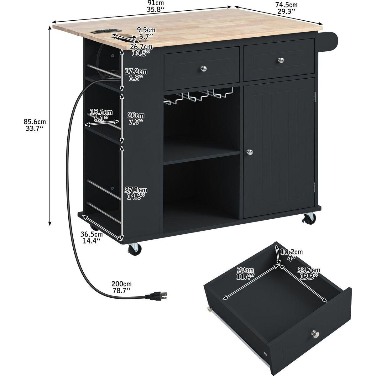 Kitchen Island with Power Outlet,Kitchen Storage Island with Drop Leaf and Rubber Wood,Open Storage and Wine Rack,5 Wheels,with Adjustable Storage for Home, Kitchen, and Dining Room, Black