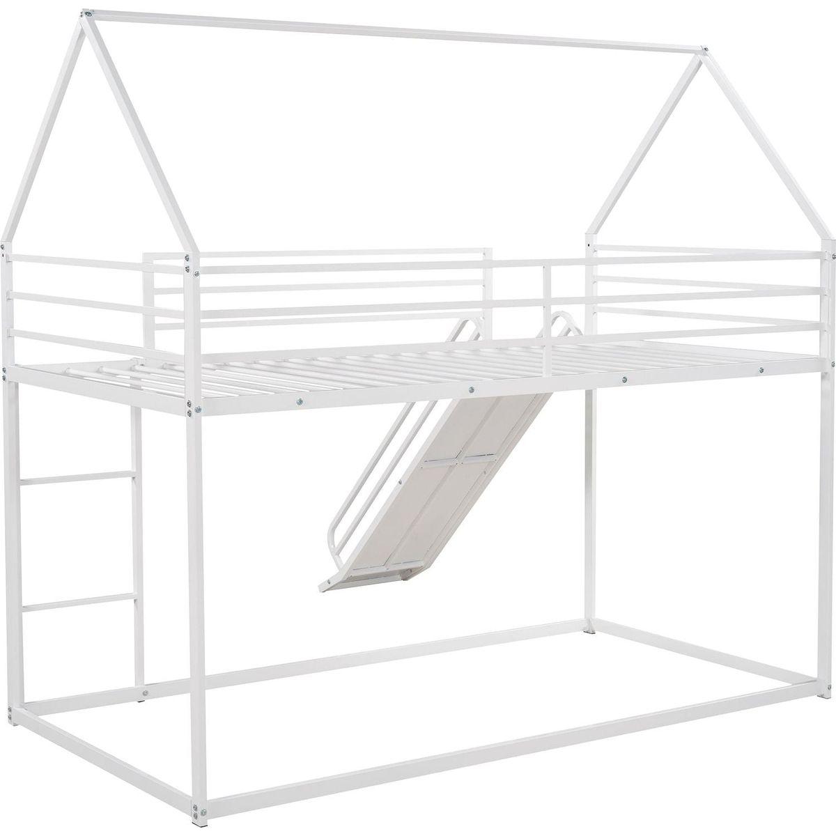 Twin over Twin House Bunk Bed with Ladder and Slide, White - Streamdale Furniture