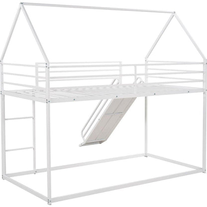 Twin over Twin House Bunk Bed with Ladder and Slide, White - Streamdale Furniture
