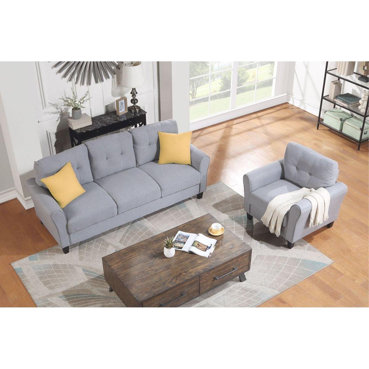 Modern Living Room Sofa Set Linen Upholstered Couch Furniture for Home or Office, Light Grey-Blue,(1+3-Seat,)