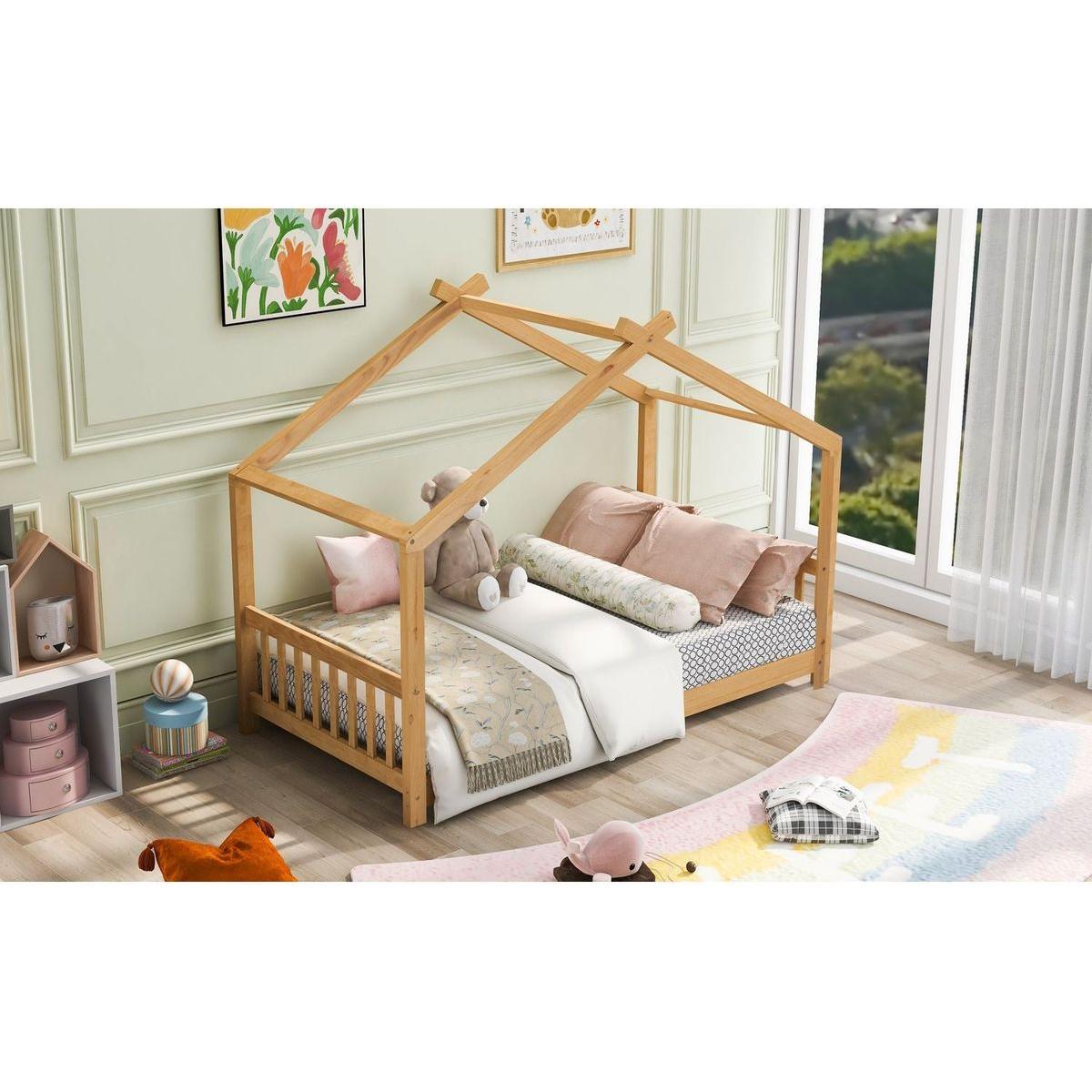 Twin Size House Platform Bed with Headboard and Footboard, Roof Design卢篓Natural
