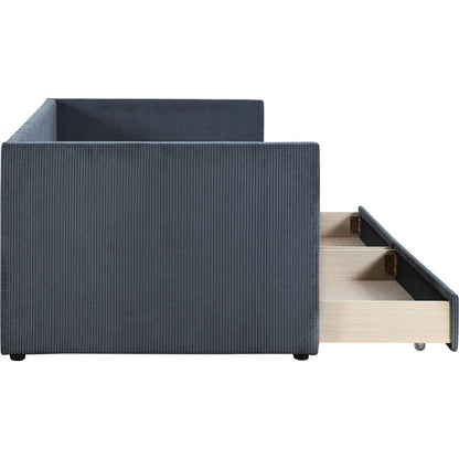 Twin Size Corduroy Daybed with Two Drawers and Wood Slat, Gray