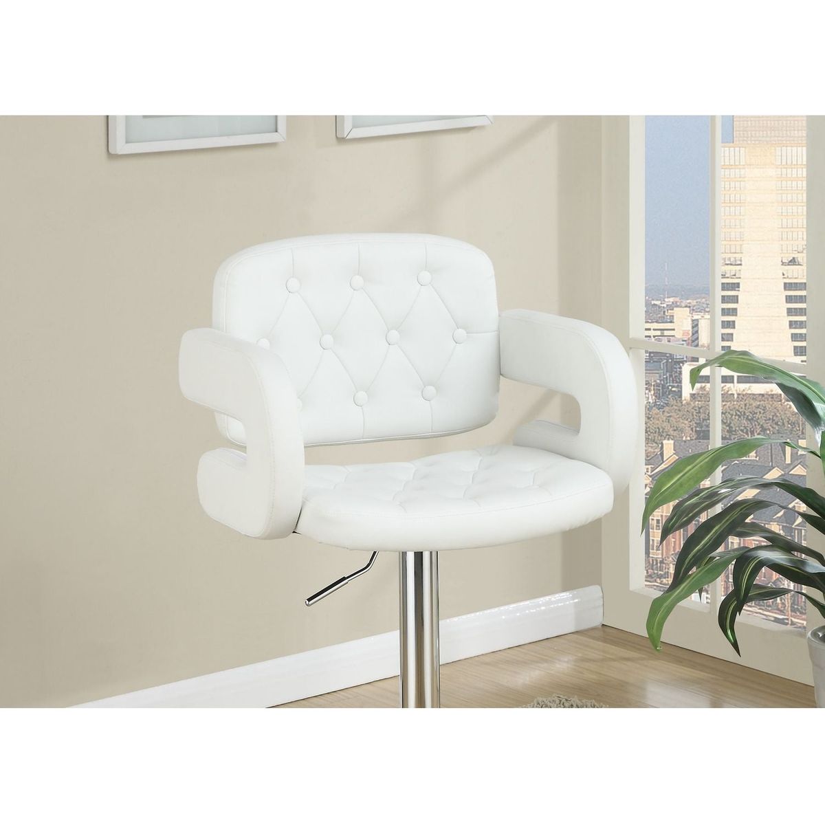 Classic Armrest Tufted White Faux Leather Upholstered Faux Leather Barstool / Chair Adjustable Height Swivel Kitchen Stools 1pc Chair