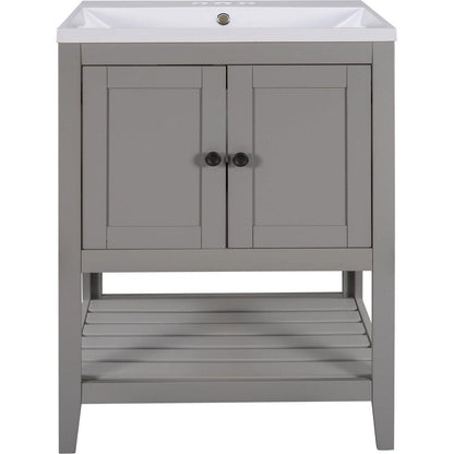 24" Grey Modern Sleek Bathroom Vanity Elegant Ceramic Sink with Solid Wood Frame Open Style Shelf