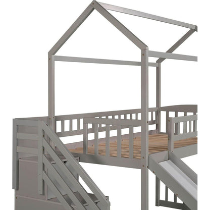 Twin Loft Bed with Two Drawers and Slide, House Bed with Slide, Gray