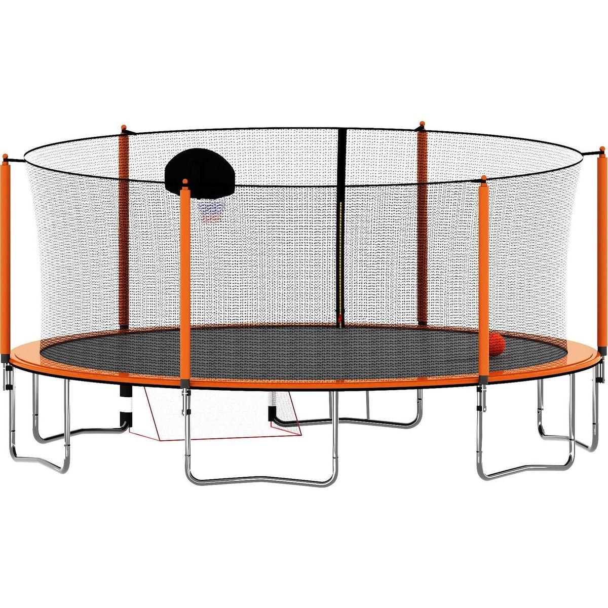 16FT Trampoline with Basketball Hoop pump and Ladder(Inner Safety Enclosure) with soccer goal orange