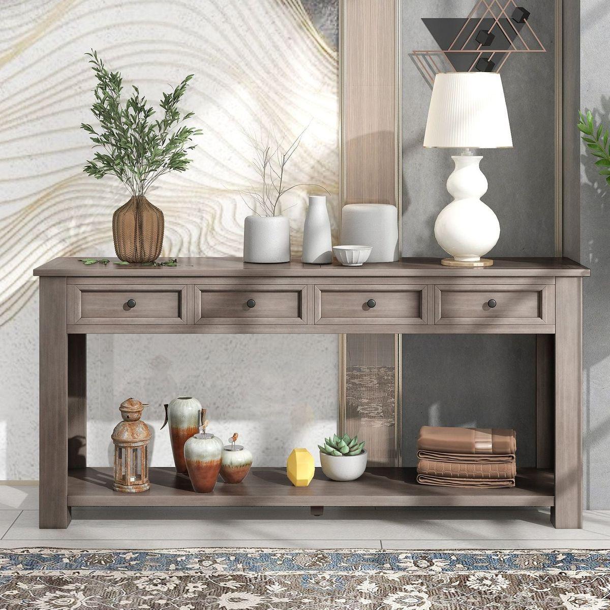 Console Table/Sofa Table with Storage Drawers and Bottom Shelf for Entryway Hallway (Gray Wash)