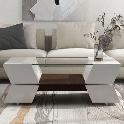 6mm Glass-Top Coffee Table with Open Shelves and Cabinets, Geometric Style Cocktail Table with Great Storage Capacity, Modernist 2-Tier Center Table for Living Room, White