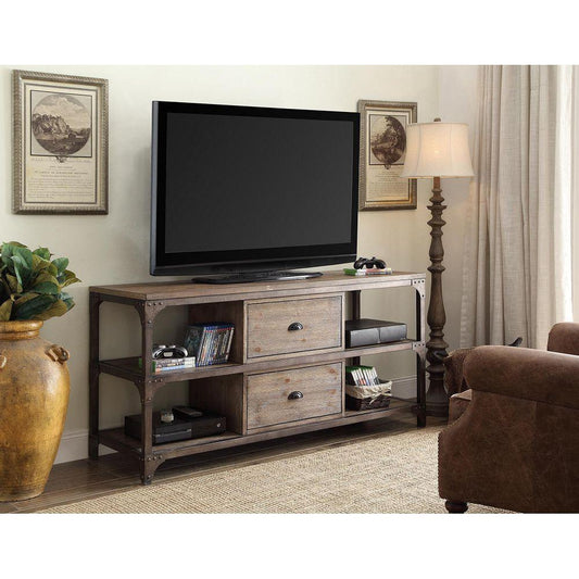 Gorden TV Stand in Weathered Oak & Antique Silver