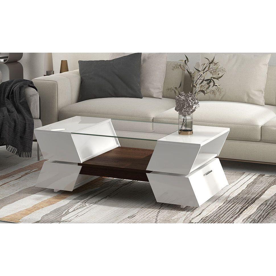 6mm Glass-Top Coffee Table with Open Shelves and Cabinets, Geometric Style Cocktail Table with Great Storage Capacity, Modernist 2-Tier Center Table for Living Room, White