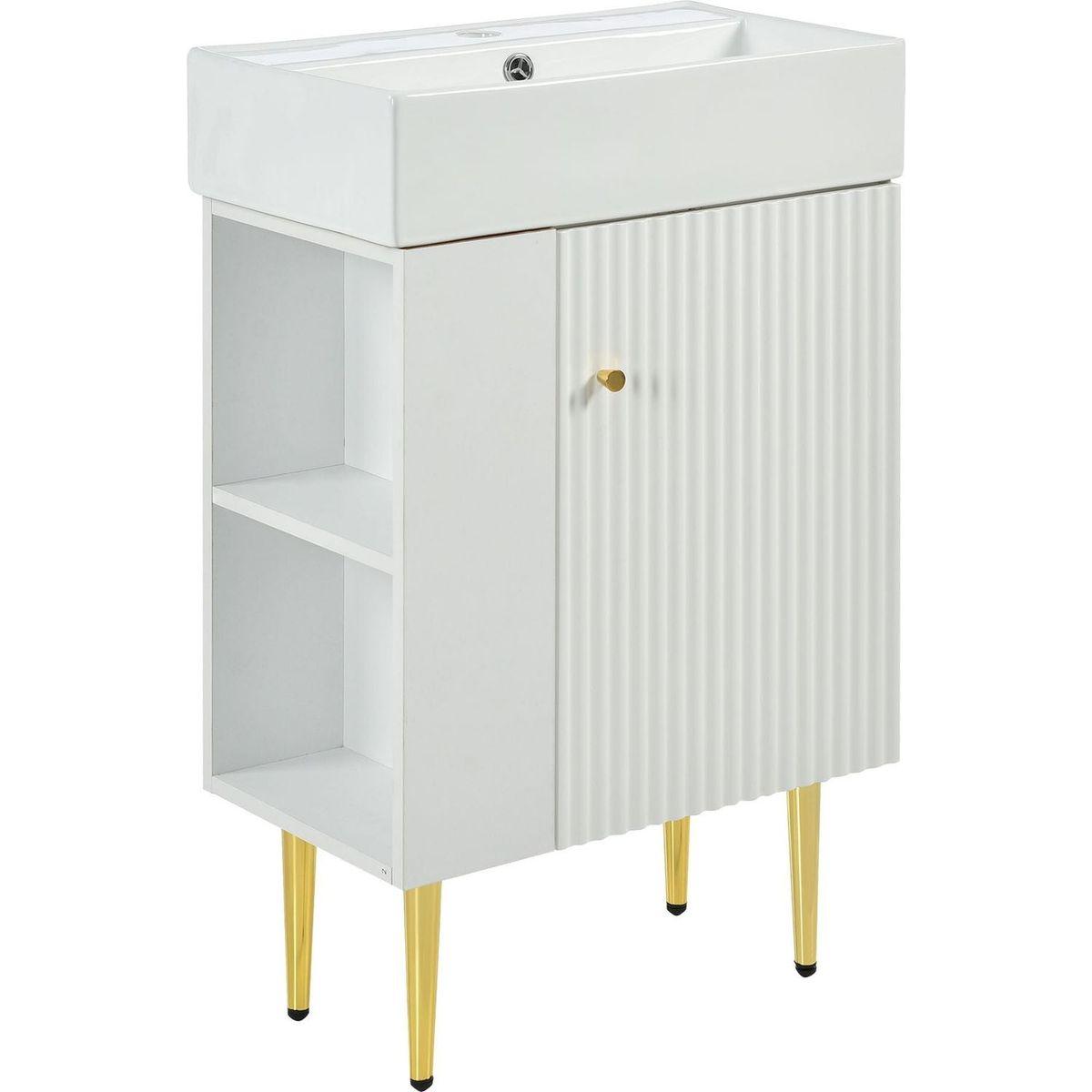 21.6" white Bathroom vanity, Combo Cabinet, Bathroom Storage Cabinet, Single Ceramic Vessel Sink, Left side storage