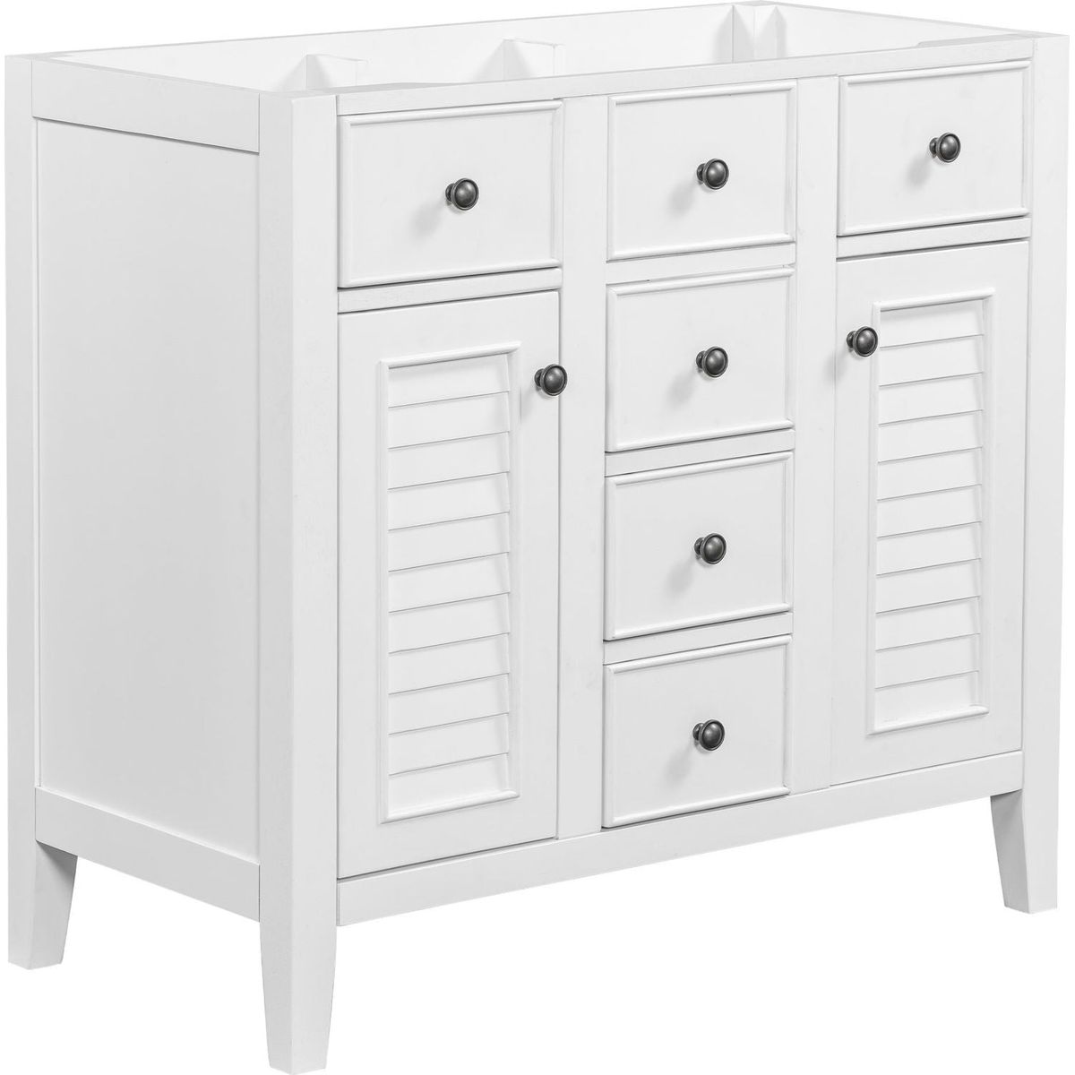 36" Bathroom Vanity without Sink, Cabinet Base Only, Two Cabinets and Five Drawers, Solid Wood Frame, White