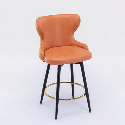 Counter Height 25" Modern Leathaire Fabric bar chairs, 180 degree Swivel Bar Stool Chair for Kitchen, Tufted Gold Nailhead Trim Bar Stools with Metal Legs, Set of 2 (Orange)