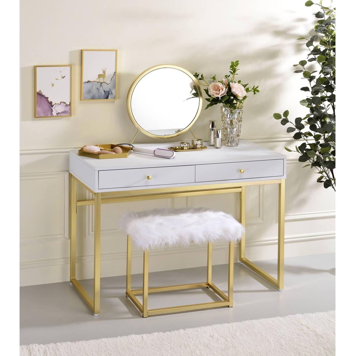 Adao Vanity Mirror & Stool in Faux Fur, Mirror, White & Brass Finish