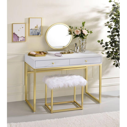 Adao Vanity Mirror & Stool in Faux Fur, Mirror, White & Brass Finish