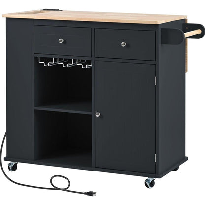 Kitchen Island with Power Outlet,Kitchen Storage Island with Drop Leaf and Rubber Wood,Open Storage and Wine Rack,5 Wheels,with Adjustable Storage for Home, Kitchen, and Dining Room, Black