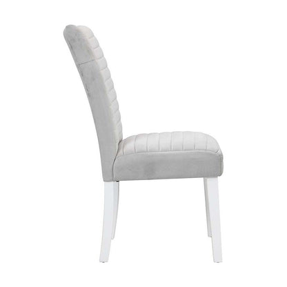 Elizaveta Side Chair (Set-2), Gray Velvet, Faux Crystal Diamonds &White High Gloss Finish