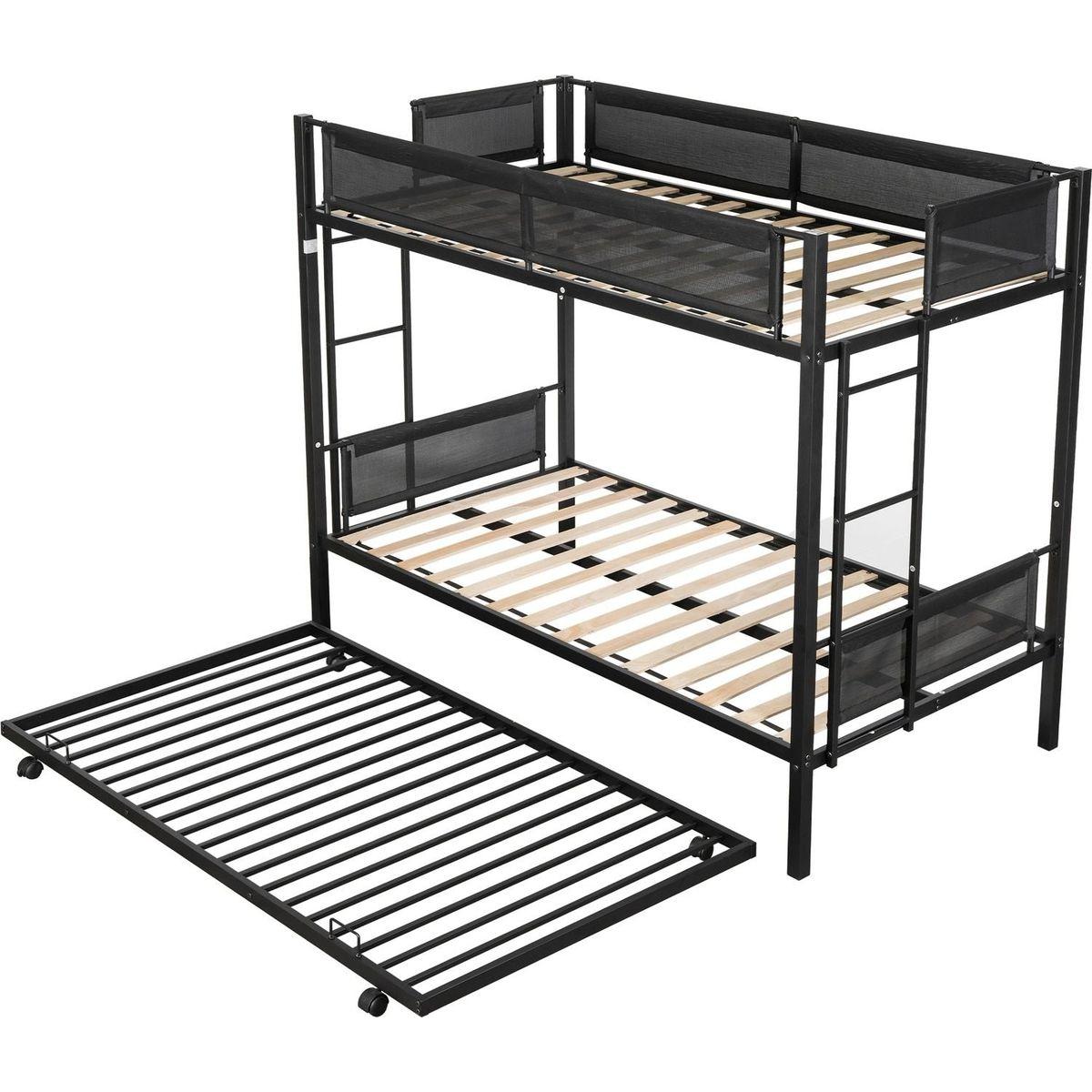 Twin over twin bunk bed with trundle (Wood Slat and Textilene Guardrail)