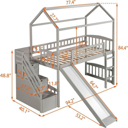 Twin Loft Bed with Two Drawers and Slide, House Bed with Slide, Gray