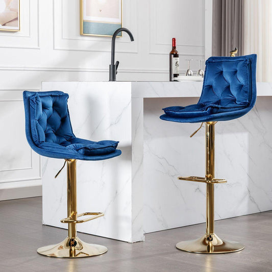 Set of 2 Bar Stools, with Chrome Footrest and Base Swivel Height Adjustable Mechanical Lifting Velvet + Golden Leg Simple Bar Stoo, blue