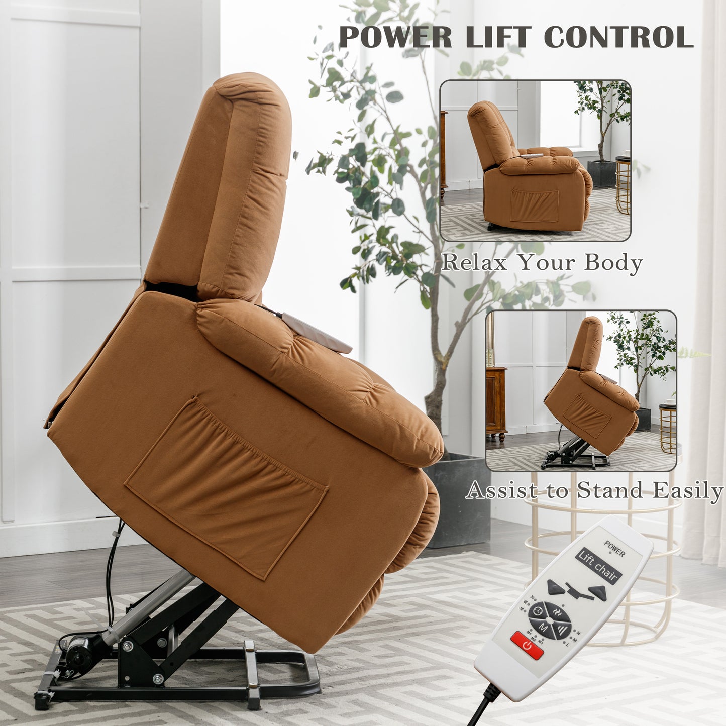 Massage Recliner Chair Electric Power Lift Recliner Chairs with Heat, Vibration, Side Pocket for Living Room, Bedroom, Light Brown