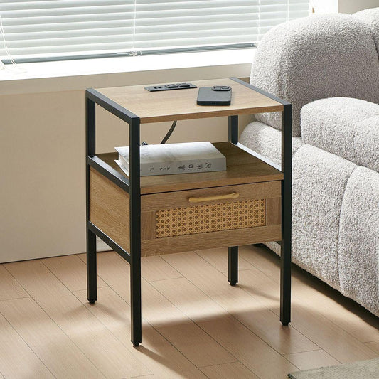 15.75" Rattan End table with Power Outlet & USB Ports, Modern nightstand with drawer and metal legs, side table for living room, bedroom,natural(1 PC)