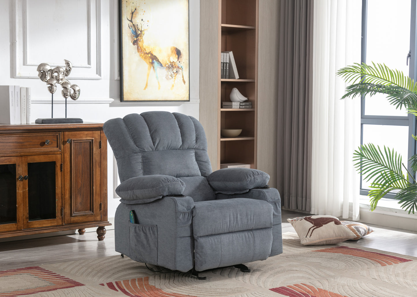 Recliner Chair Massage Heating sofa with USB and side pocket, 2 Cup Holders (Blue)