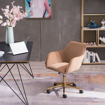 Modern Velvet Fabric Material Adjustable Height 360 revolving Home Office Chair with Gold Metal Legs and Universal Wheels for Indoor,Light Coffee Brown