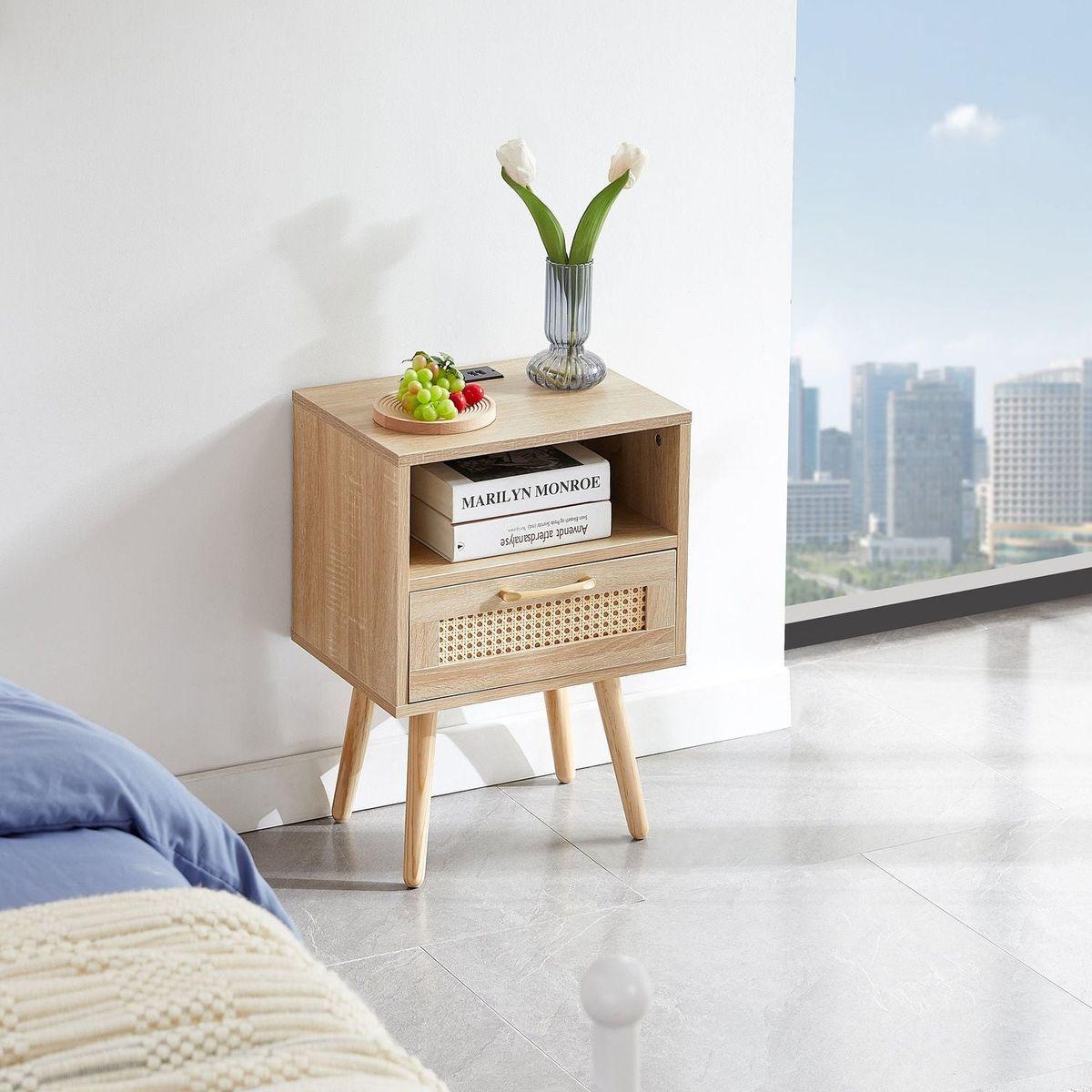 15.75" Rattan End table with Power Outlet & USB Ports, Modern nightstand with drawer and solid wood legs, side table for living roon, bedroom, natural