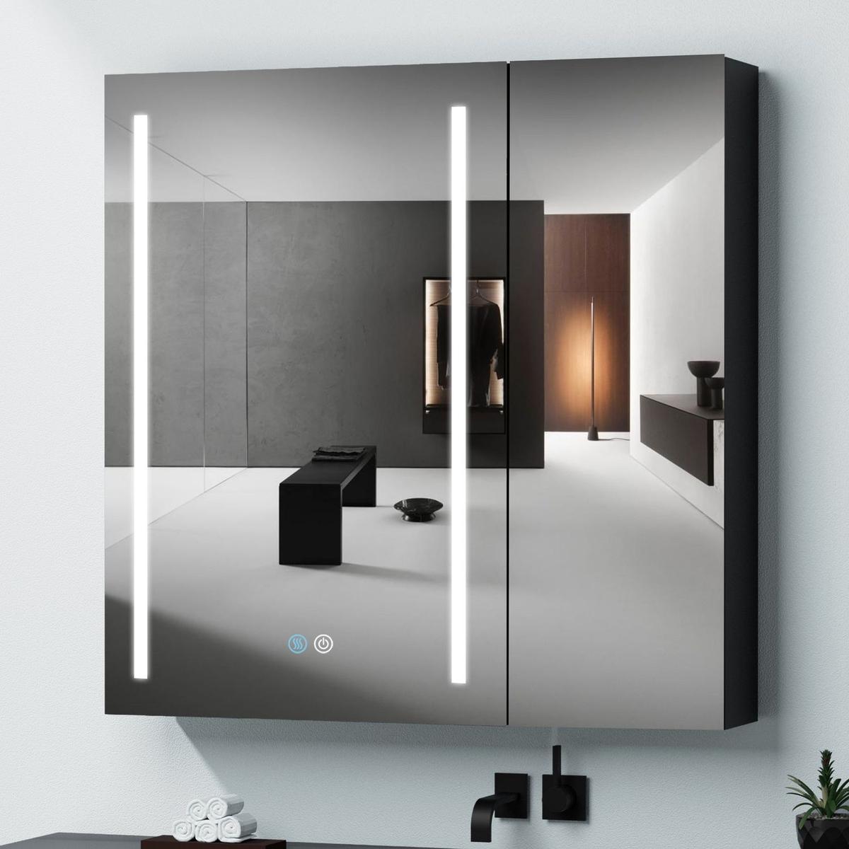 30x30 Inch LED Bathroom Medicine Cabinet Surface Mount Double Door Lighted Medicine Cabinet, Medicine Cabinets for Bathroom with Mirror Defogging Dimmer Black