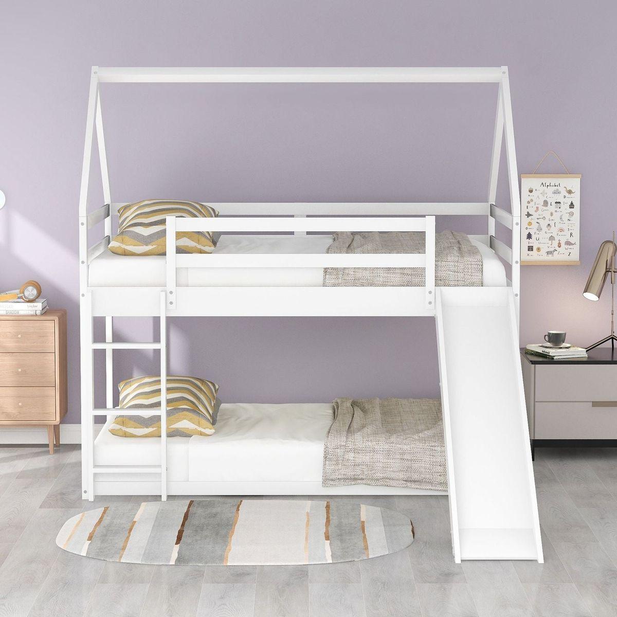 Twin Size Bunk House Bed with Slide and Ladder, White