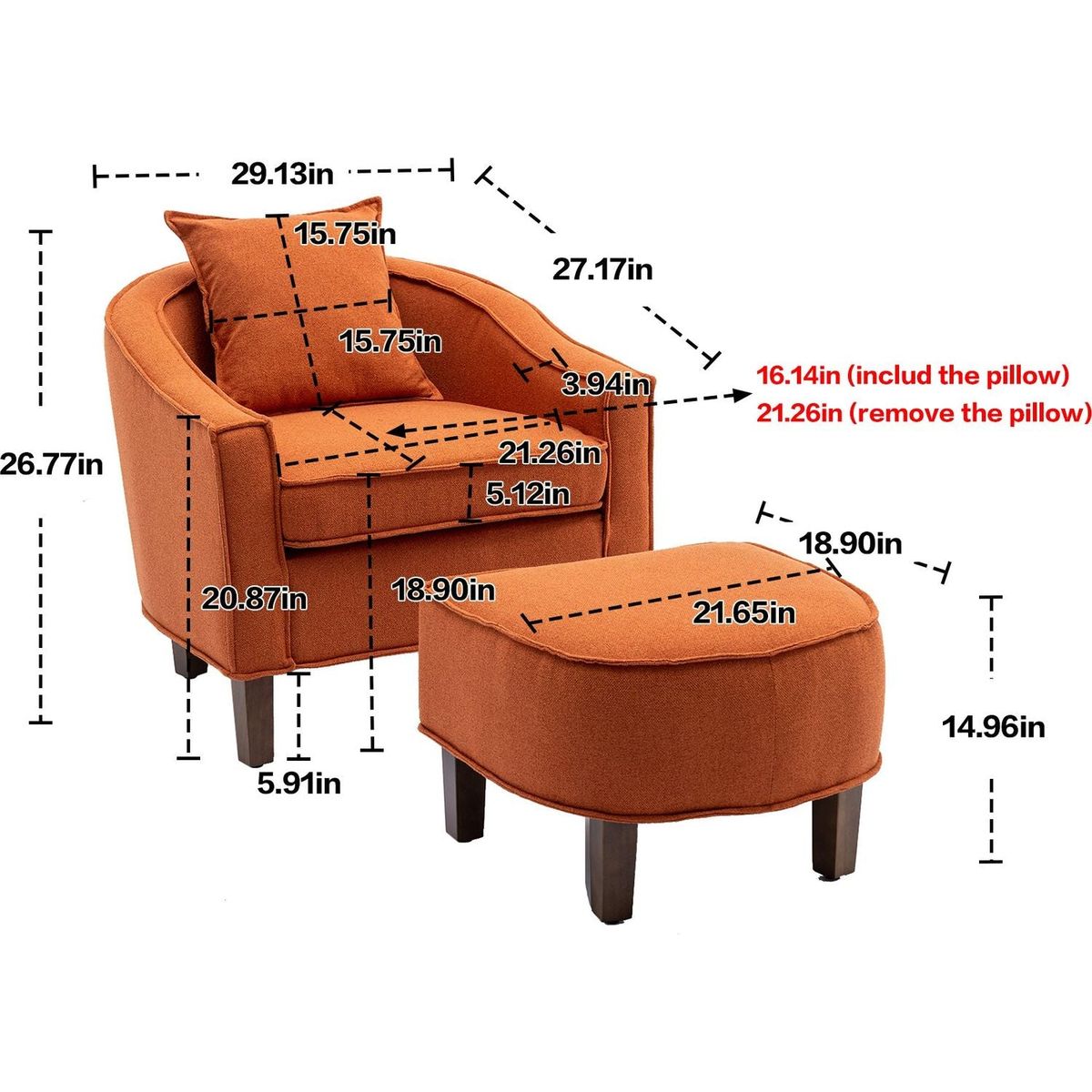 Accent Chair with Ottoman, Mid Century Modern Barrel Chair Upholstered Club Tub Round Arms Chair for Living Room