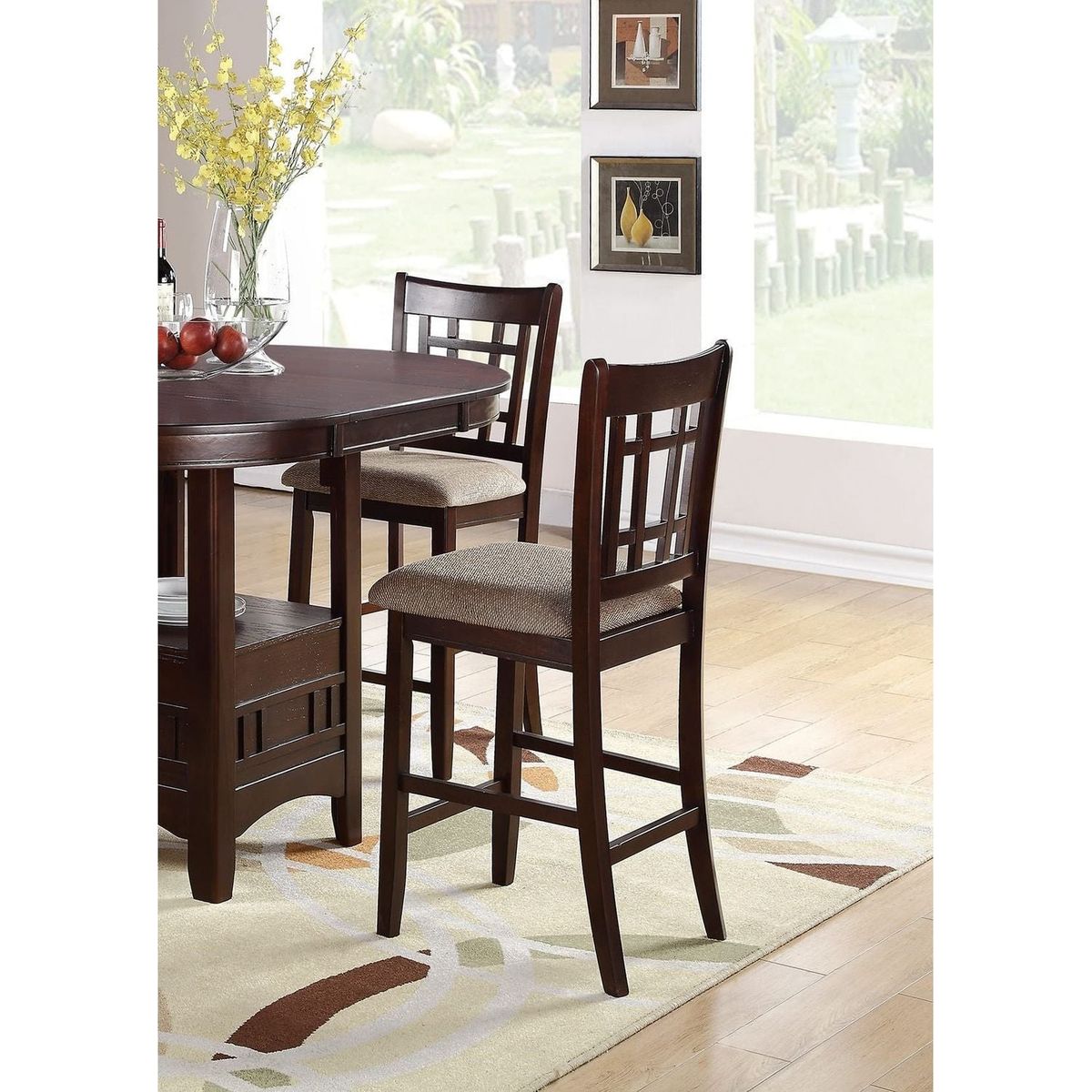 Set of 2 Chairs Dining Room Furniture Brown Solid wood Counter Height Chairs Upholstered Cushioned Unique back