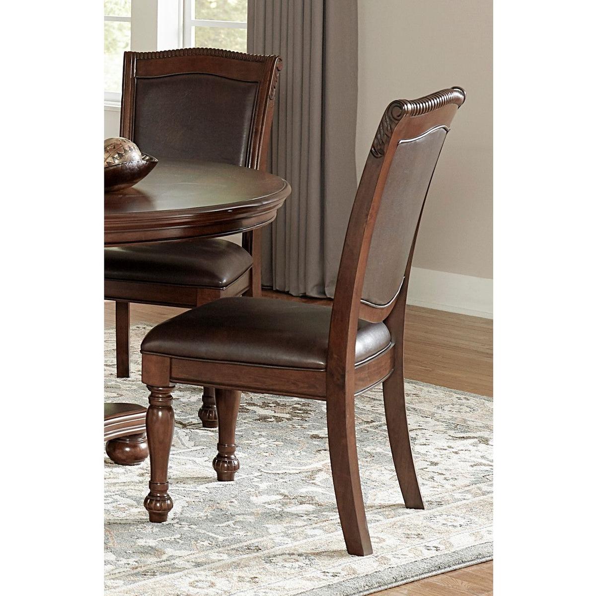 Traditional Dining Wooden Side Chairs Set of 2 Brown Cherry Finish Faux Leather Upholstery Home Furniture