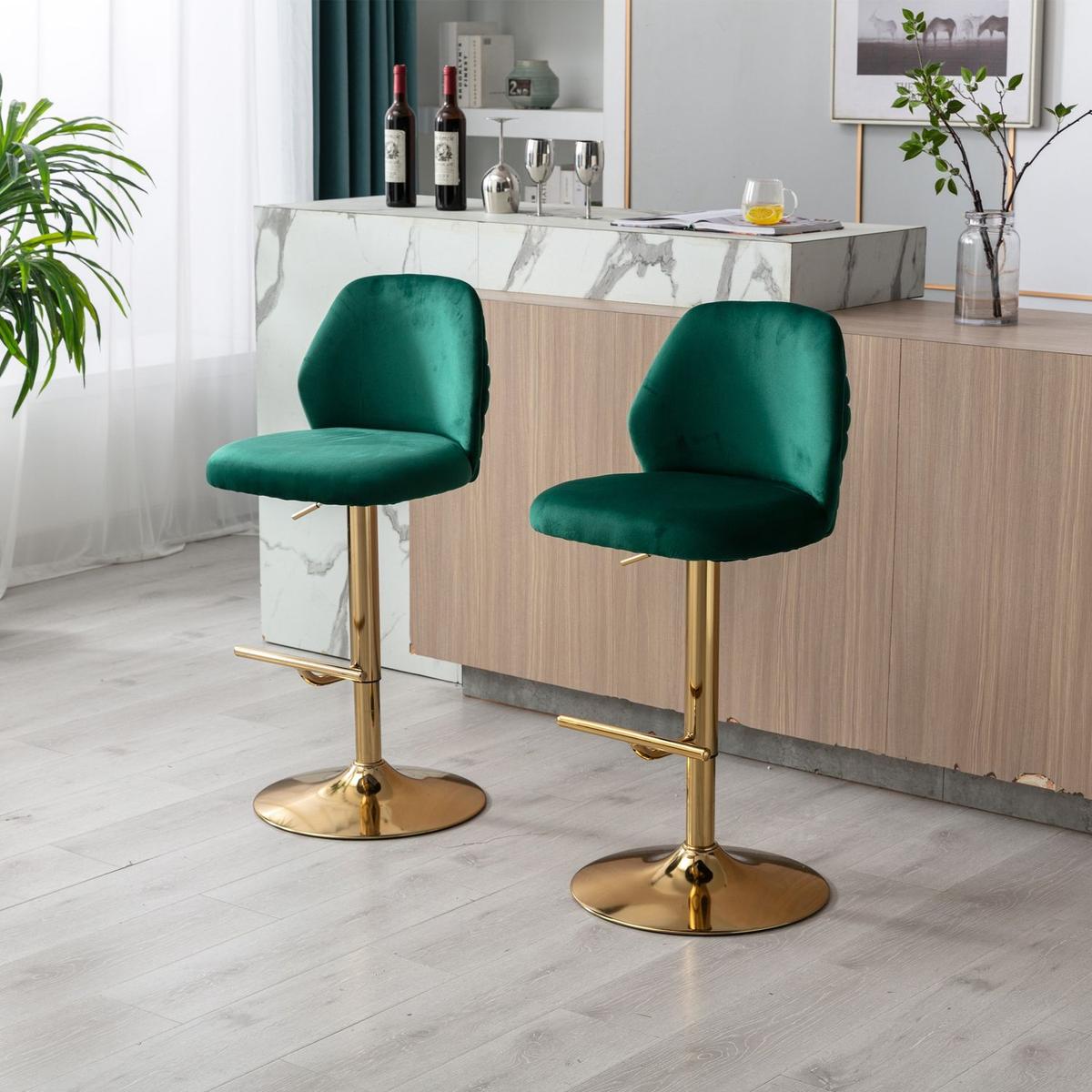 Swivel Bar Stools Chair Set of 2 Modern Adjustable Counter Height Bar Stools, Velvet Upholstered Stool with Tufted High Back & Ring Pull for Kitchen, Chrome Golden Base, Green