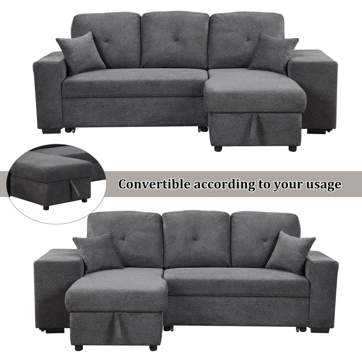 Reversible Sleeper Sectional Sofa Bed with Side Shelf and 2 Stools, Pull-Out L-Shaped Sofa Bed, Corner Sofa-Bed with Storage Chaise Left/Right Hande for Living Room, Blue Black