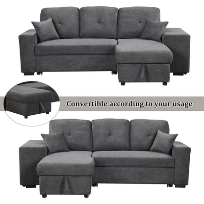 Reversible Sleeper Sectional Sofa Bed with Side Shelf and 2 Stools, Pull-Out L-Shaped Sofa Bed, Corner Sofa-Bed with Storage Chaise Left/Right Hande for Living Room, Blue Black