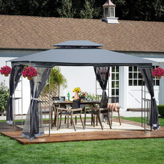 13x10 Outdoor Patio Gazebo Canopy Tent With Ventilated Double Roof And Mosquito net (Detachable Mesh Screen On All Sides),Suitable for Lawn, Garden, Backyard and Deck, Gray Top - Streamdale Furniture