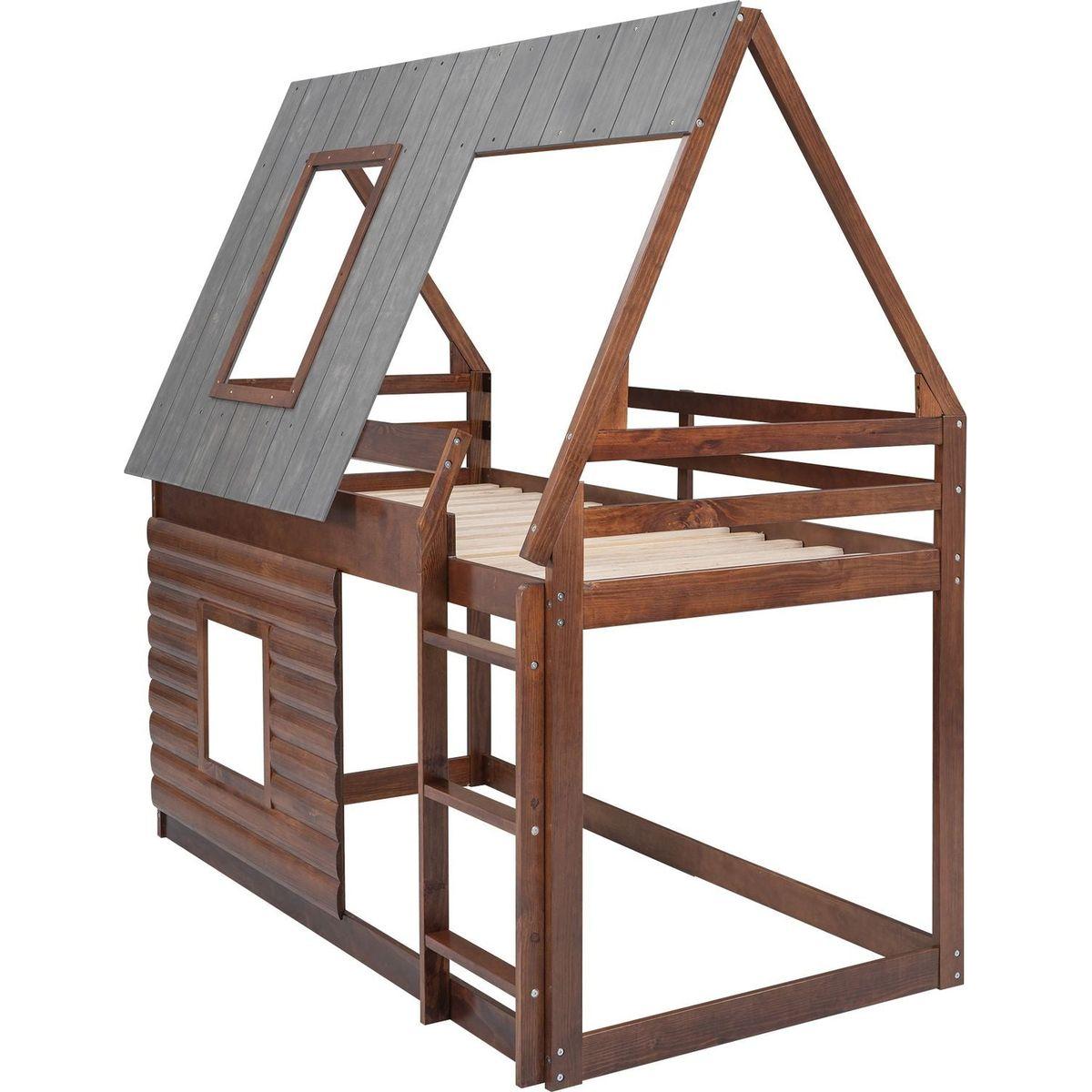 Wood Twin Size House Bunk Bed with Roof, Ladder and 2 Windows, Oak & Smoky Grey