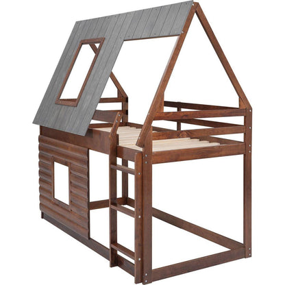 Wood Twin Size House Bunk Bed with Roof, Ladder and 2 Windows, Oak & Smoky Grey