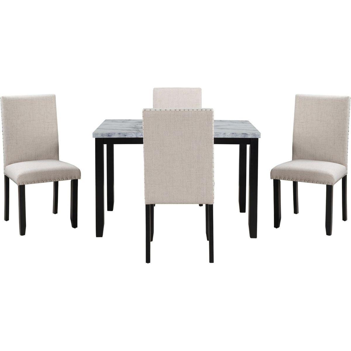 Faux Marble 5-Piece Dining Set Table with 4 Thicken Cushion Dining Chairs Home Furniture, White/Beige+Black