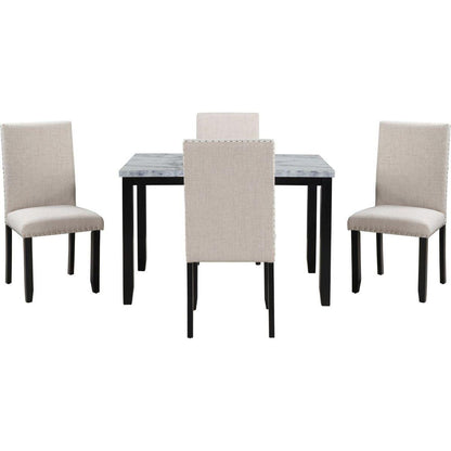 Faux Marble 5-Piece Dining Set Table with 4 Thicken Cushion Dining Chairs Home Furniture, White/Beige+Black